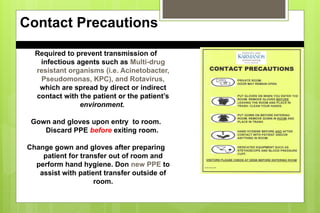 Contact Precautions
Required to prevent transmission of
infectious agents such as Multi-drug
resistant organisms (i.e. Acinetobacter,
Pseudomonas, KPC), and Rotavirus,
which are spread by direct or indirect
contact with the patient or the patient’s
environment.
Gown and gloves upon entry to room.
Discard PPE before exiting room.
Change gown and gloves after preparing
patient for transfer out of room and
perform hand hygiene. Don new PPE to
assist with patient transfer outside of
room.
 
