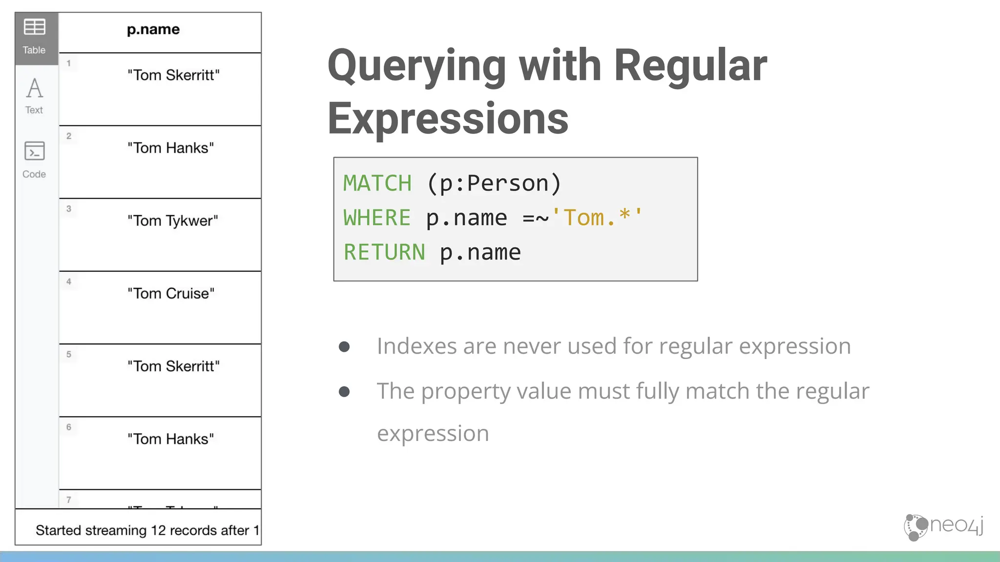 153
Querying with Regular
Expressions
● Indexes are never used for regular expression
● The property value must fully match the regular
expression
MATCH (p:Person)
WHERE p.name =~'Tom.*'
RETURN p.name
 