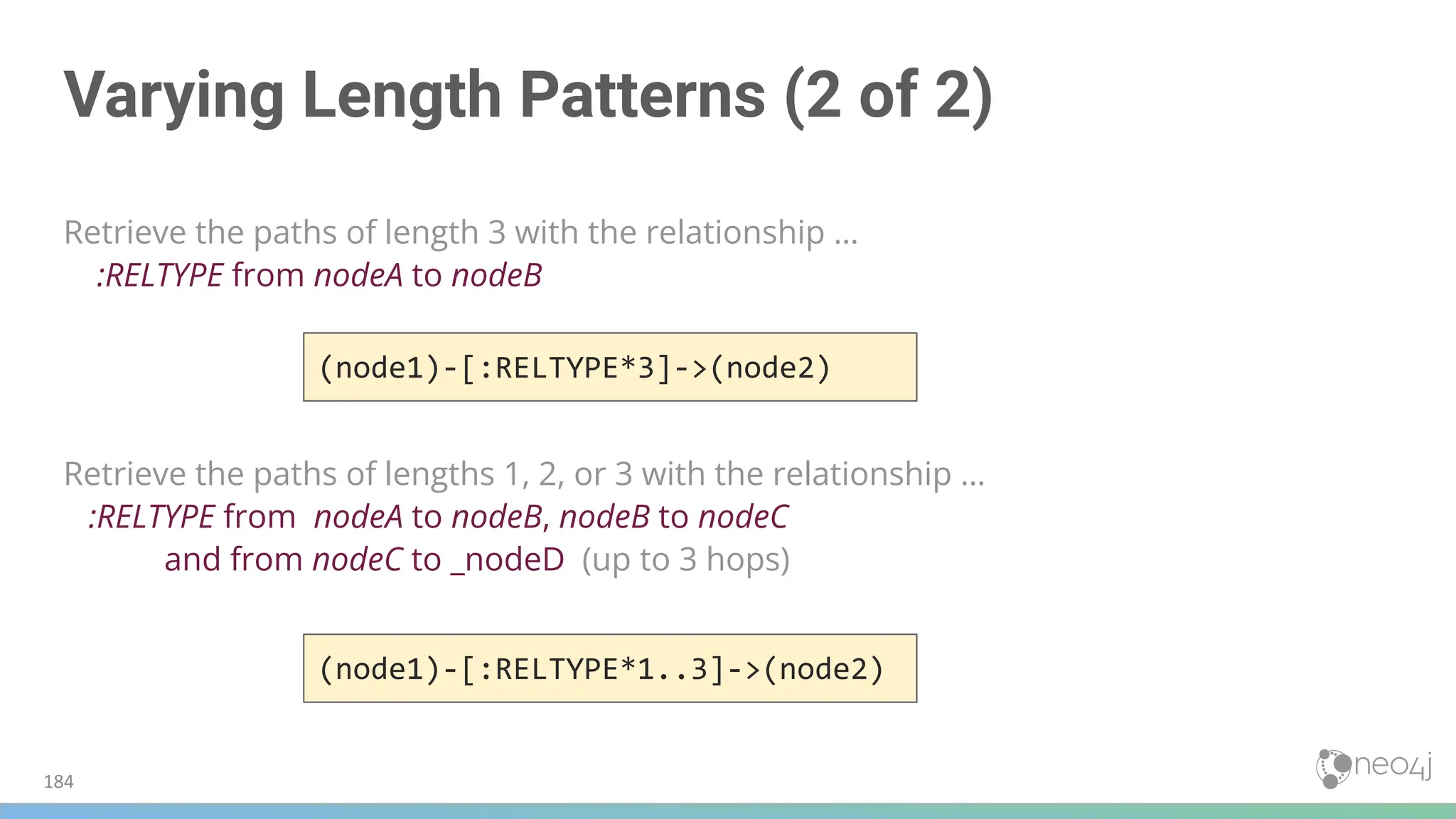 Varying Length Patterns (2 of 2)
Retrieve the paths of length 3 with the relationship …
:RELTYPE from nodeA to nodeB
Retrieve the paths of lengths 1, 2, or 3 with the relationship …
:RELTYPE from nodeA to nodeB, nodeB to nodeC
and from nodeC to _nodeD (up to 3 hops)
(node1)-[:RELTYPE*3]->(node2)
(node1)-[:RELTYPE*1..3]->(node2)
184
 