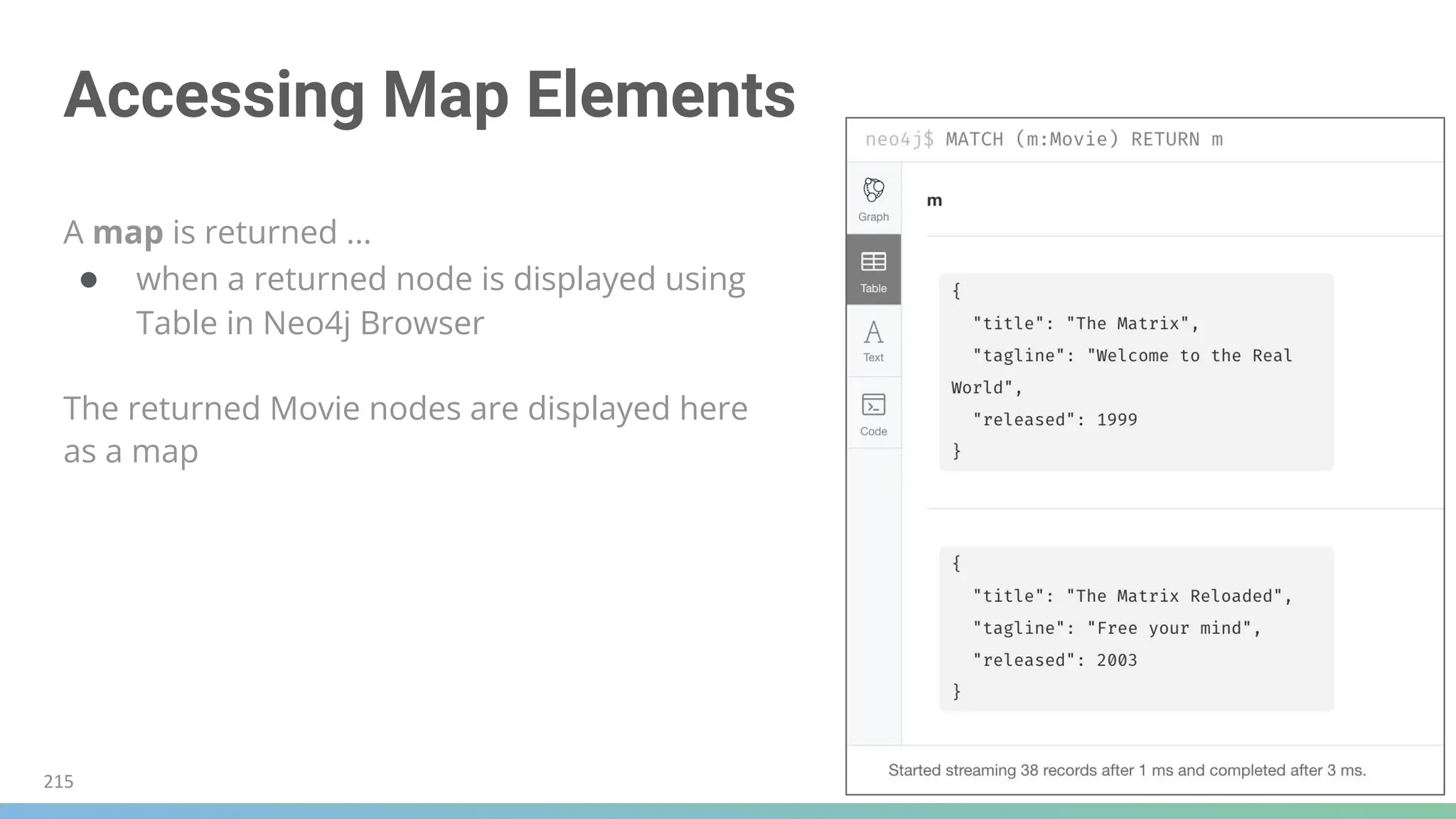 Accessing Map Elements
A map is returned ...
● when a returned node is displayed using
Table in Neo4j Browser
The returned Movie nodes are displayed here
as a map
215
 