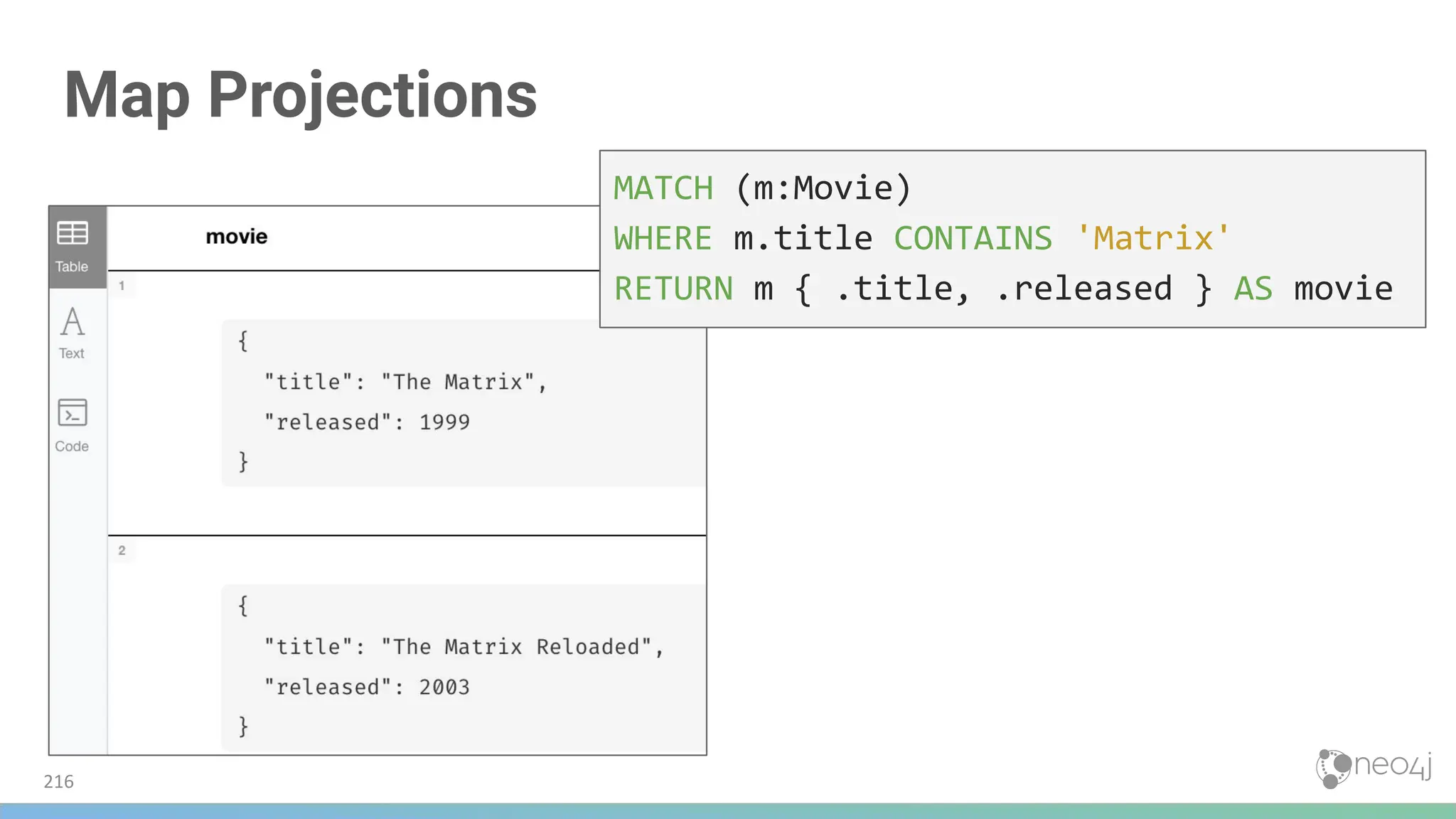 Map Projections
MATCH (m:Movie)
WHERE m.title CONTAINS 'Matrix'
RETURN m { .title, .released } AS movie
216
 