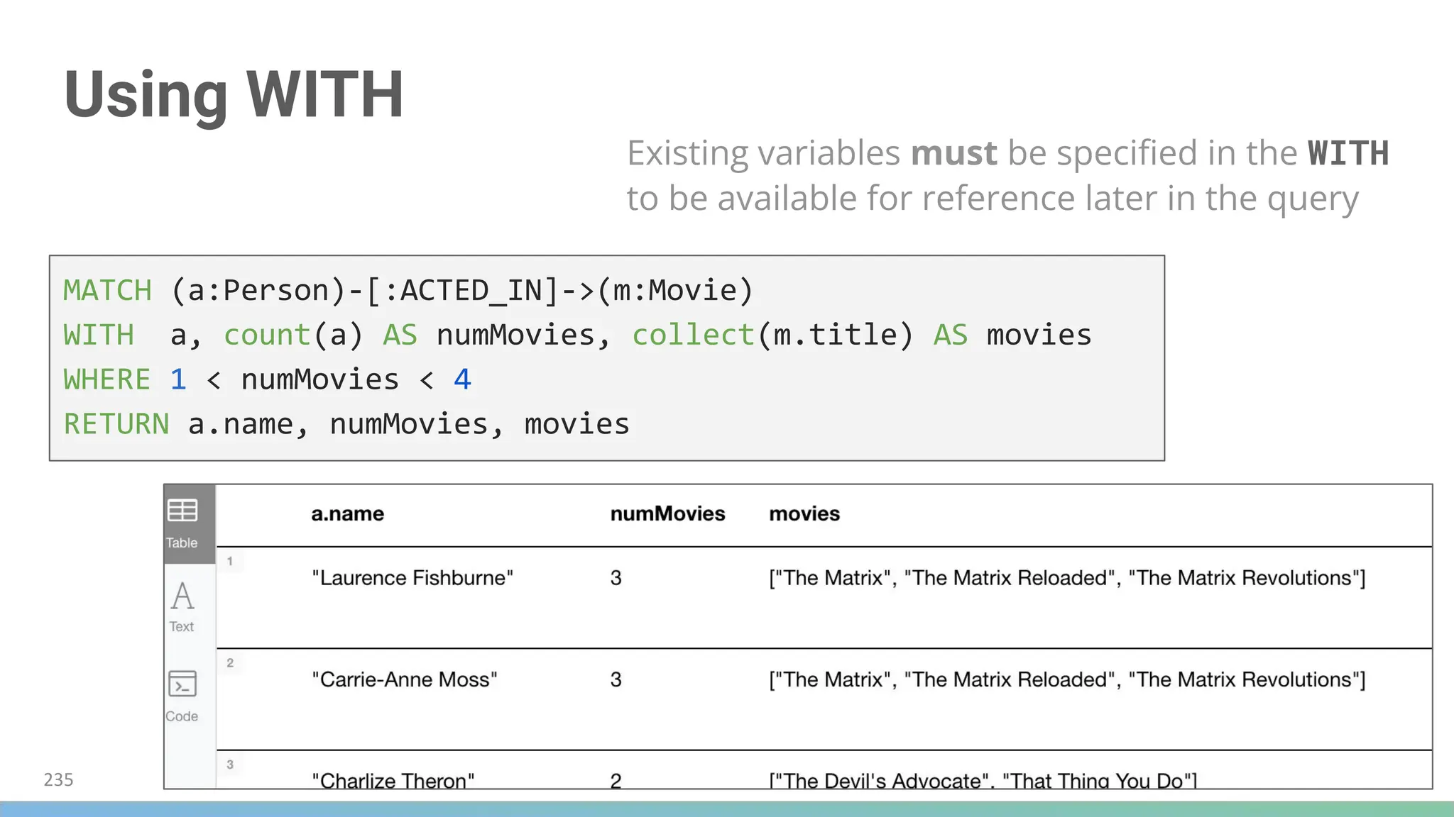 Using WITH
Existing variables must be speciﬁed in the WITH
to be available for reference later in the query
MATCH (a:Person)-[:ACTED_IN]->(m:Movie)
WITH a, count(a) AS numMovies, collect(m.title) AS movies
WHERE 1 < numMovies < 4
RETURN a.name, numMovies, movies
235
 