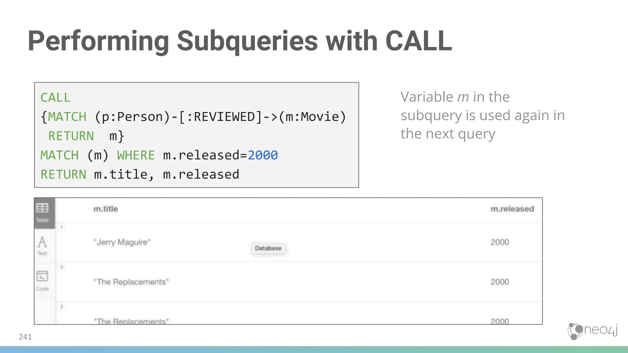 Performing Subqueries with CALL
Variable m in the
subquery is used again in
the next query
CALL
{MATCH (p:Person)-[:REVIEWED]->(m:Movie)
RETURN m}
MATCH (m) WHERE m.released=2000
RETURN m.title, m.released
241
 