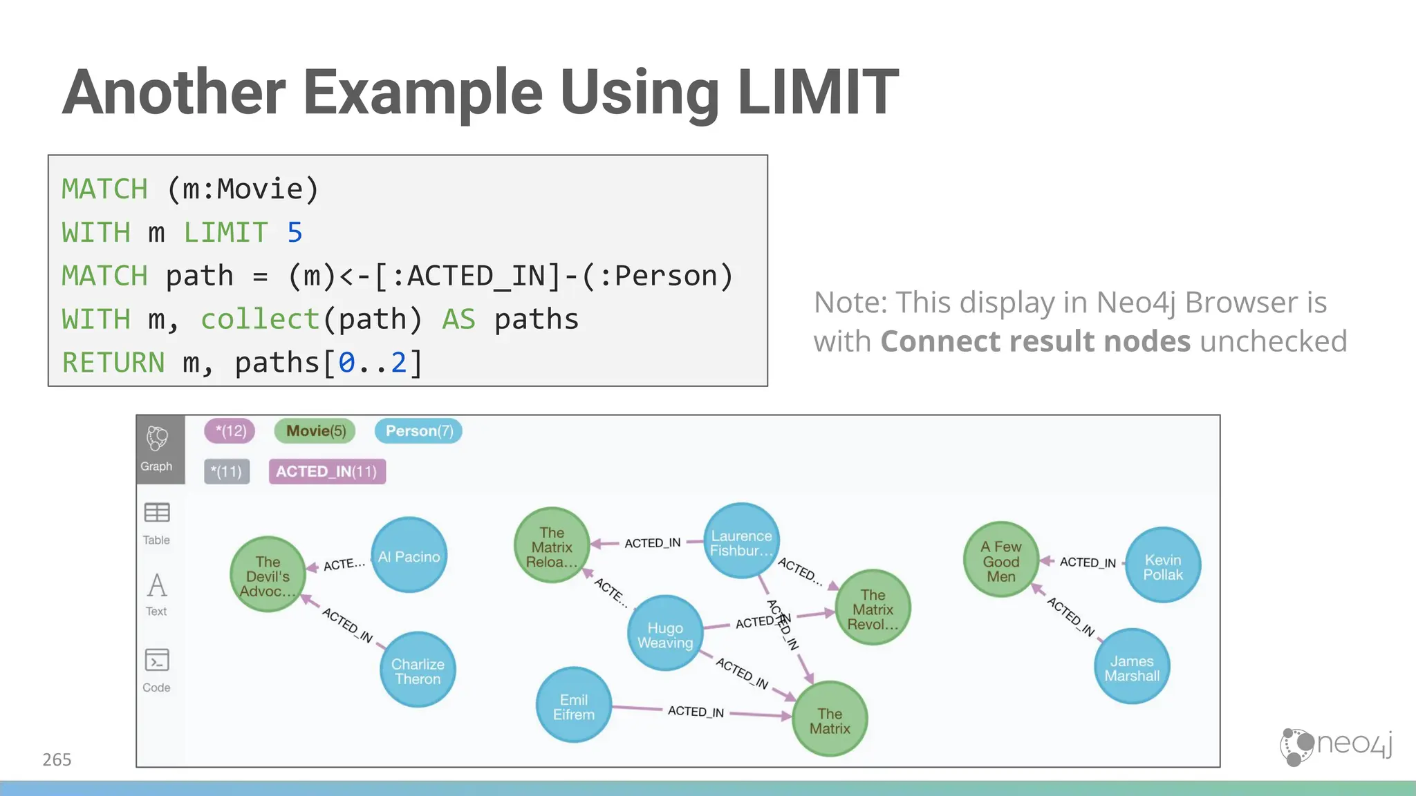 Another Example Using LIMIT
Note: This display in Neo4j Browser is
with Connect result nodes unchecked
MATCH (m:Movie)
WITH m LIMIT 5
MATCH path = (m)<-[:ACTED_IN]-(:Person)
WITH m, collect(path) AS paths
RETURN m, paths[0..2]
265
 