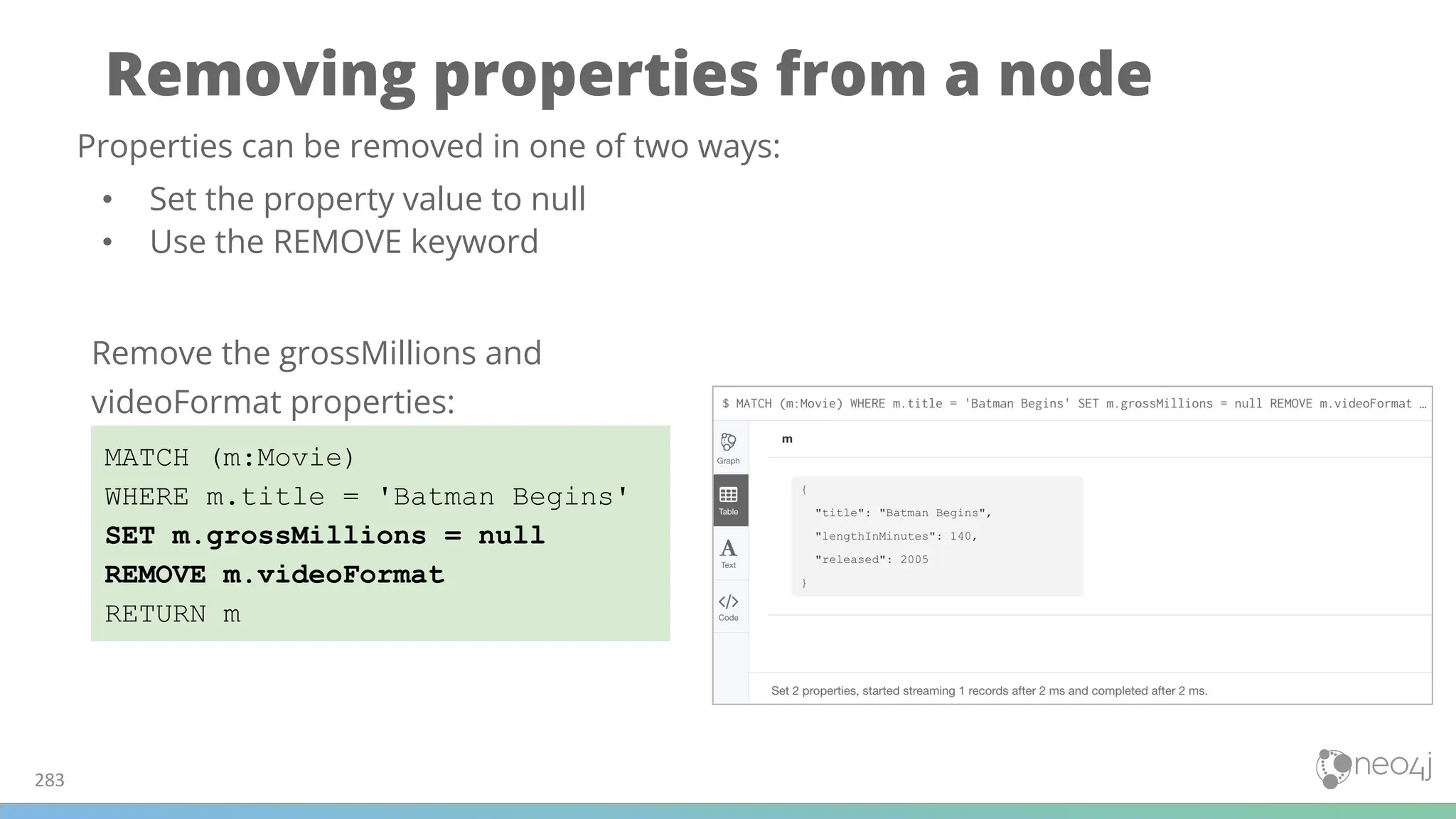Removing properties from a node
283
MATCH (m:Movie)
WHERE m.title = 'Batman Begins'
SET m.grossMillions = null
REMOVE m.videoFormat
RETURN m
Properties can be removed in one of two ways:
• Set the property value to null
• Use the REMOVE keyword
Remove the grossMillions and
videoFormat properties:
 