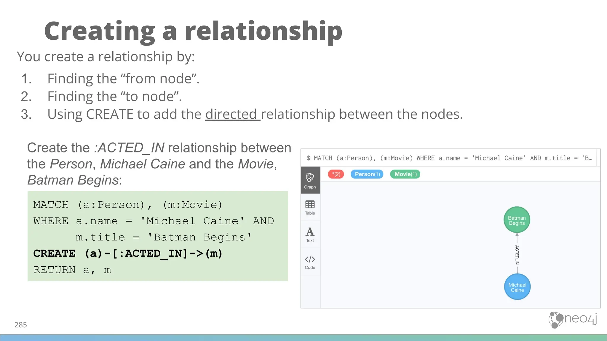 Creating a relationship
285
MATCH (a:Person), (m:Movie)
WHERE a.name = 'Michael Caine' AND
m.title = 'Batman Begins'
CREATE (a)-[:ACTED_IN]->(m)
RETURN a, m
You create a relationship by:
1. Finding the “from node”.
2. Finding the “to node”.
3. Using CREATE to add the directed relationship between the nodes.
Create the :ACTED_IN relationship between
the Person, Michael Caine and the Movie,
Batman Begins:
 