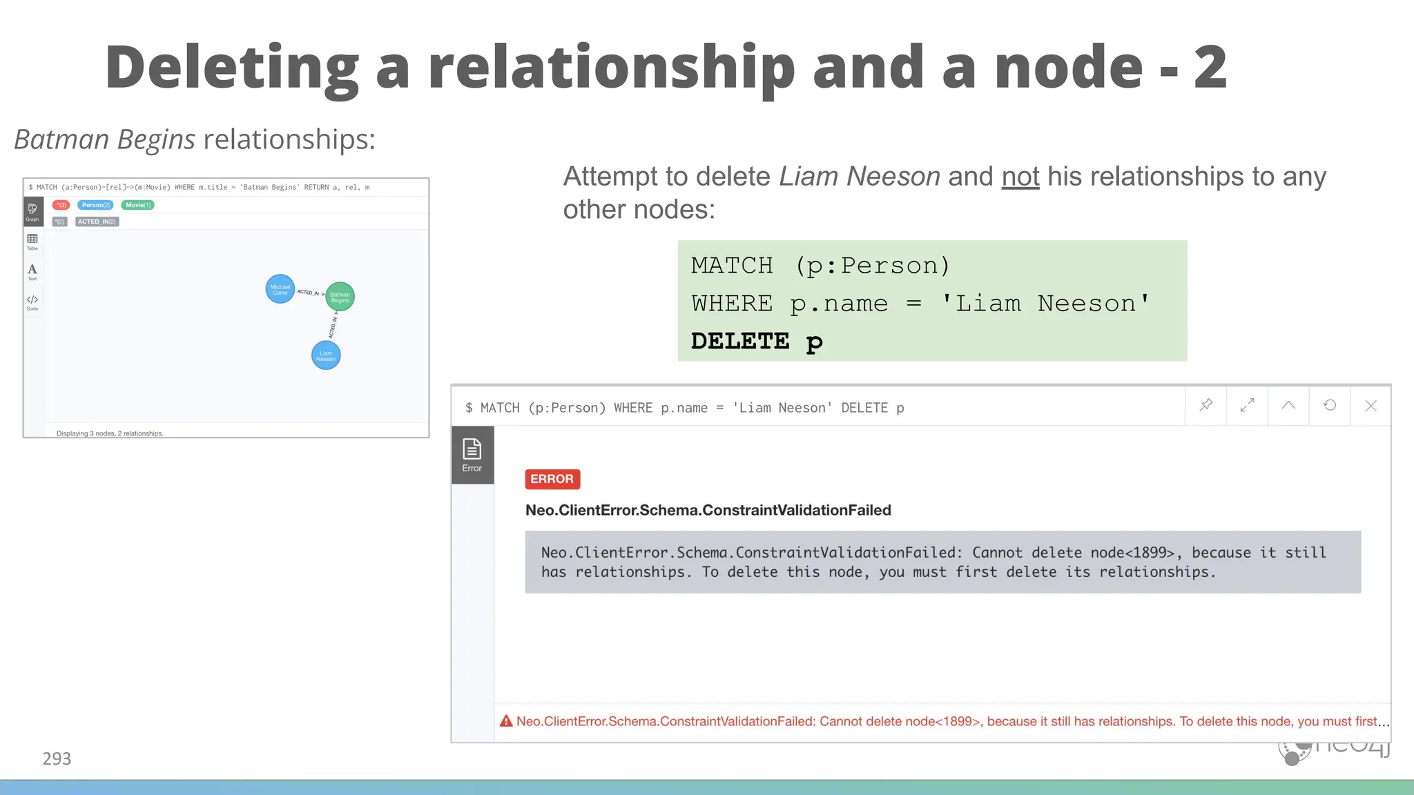 Deleting a relationship and a node - 2
293
MATCH (p:Person)
WHERE p.name = 'Liam Neeson'
DELETE p
Batman Begins relationships:
Attempt to delete Liam Neeson and not his relationships to any
other nodes:
 