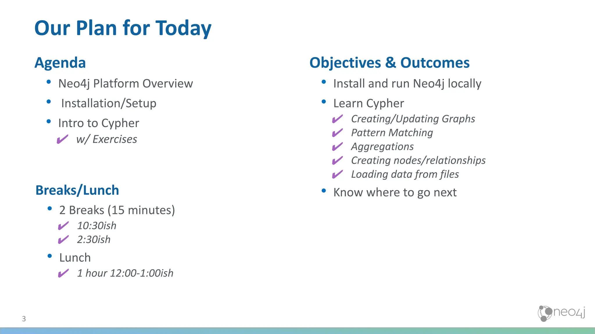 3
Our Plan for Today
Agenda
• Neo4j Platform Overview
• Installation/Setup
• Intro to Cypher
✔ w/ Exercises
Objectives & Outcomes
• Install and run Neo4j locally
• Learn Cypher
✔ Creating/Updating Graphs
✔ Pattern Matching
✔ Aggregations
✔ Creating nodes/relationships
✔ Loading data from files
• Know where to go next
Breaks/Lunch
• 2 Breaks (15 minutes)
✔ 10:30ish
✔ 2:30ish
• Lunch
✔ 1 hour 12:00-1:00ish
 