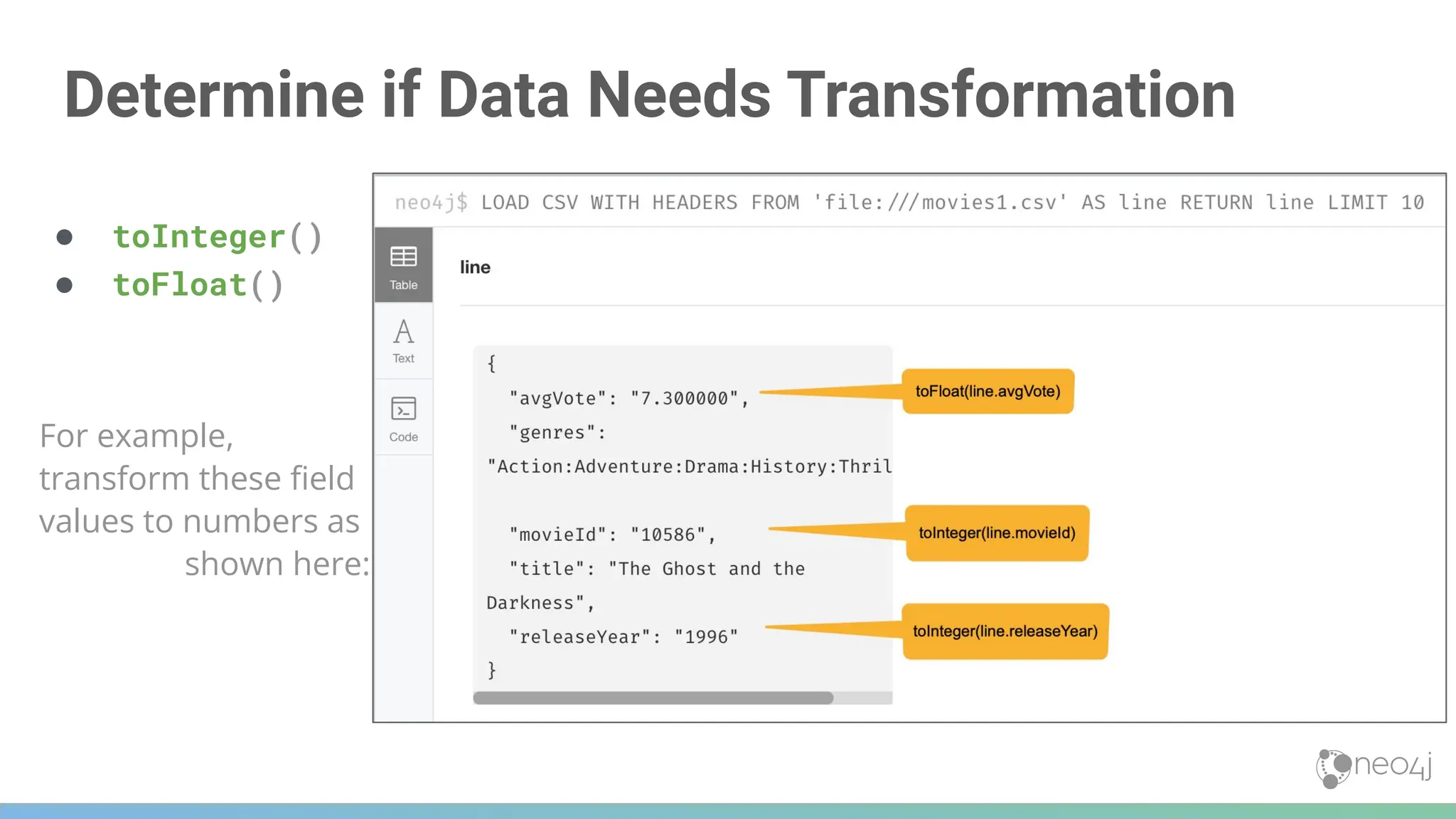 Determine if Data Needs Transformation
● toInteger()
● toFloat()
For example,
transform these ﬁeld
values to numbers as
shown here:
 