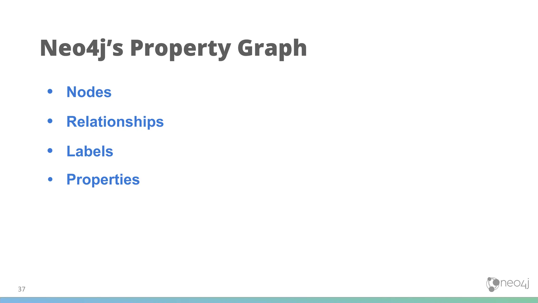 Neo4j’s Property Graph
• Nodes
• Relationships
• Labels
• Properties
37
 