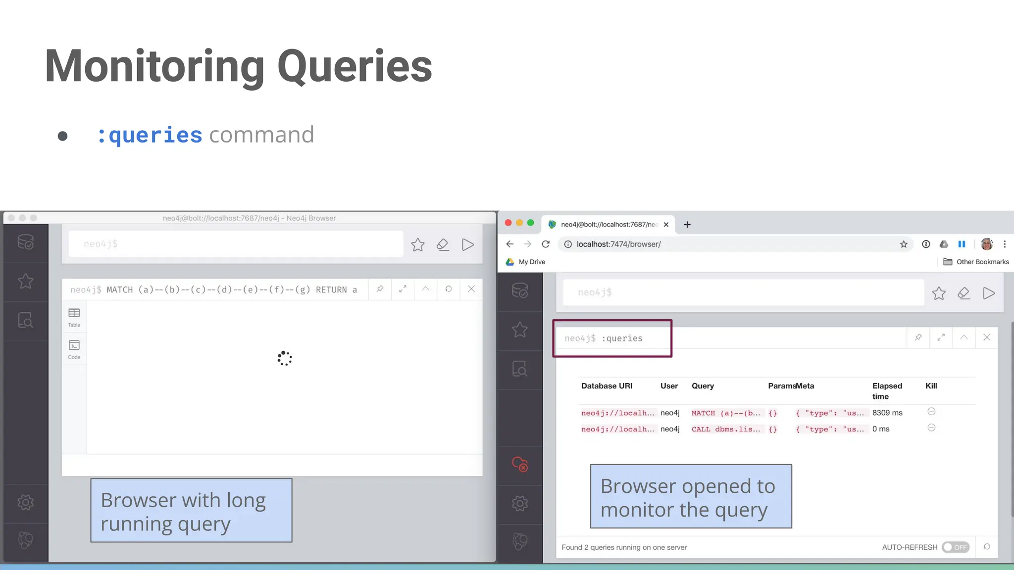 Monitoring Queries
● :queries command
371
Browser with long
running query
Browser opened to
monitor the query
 