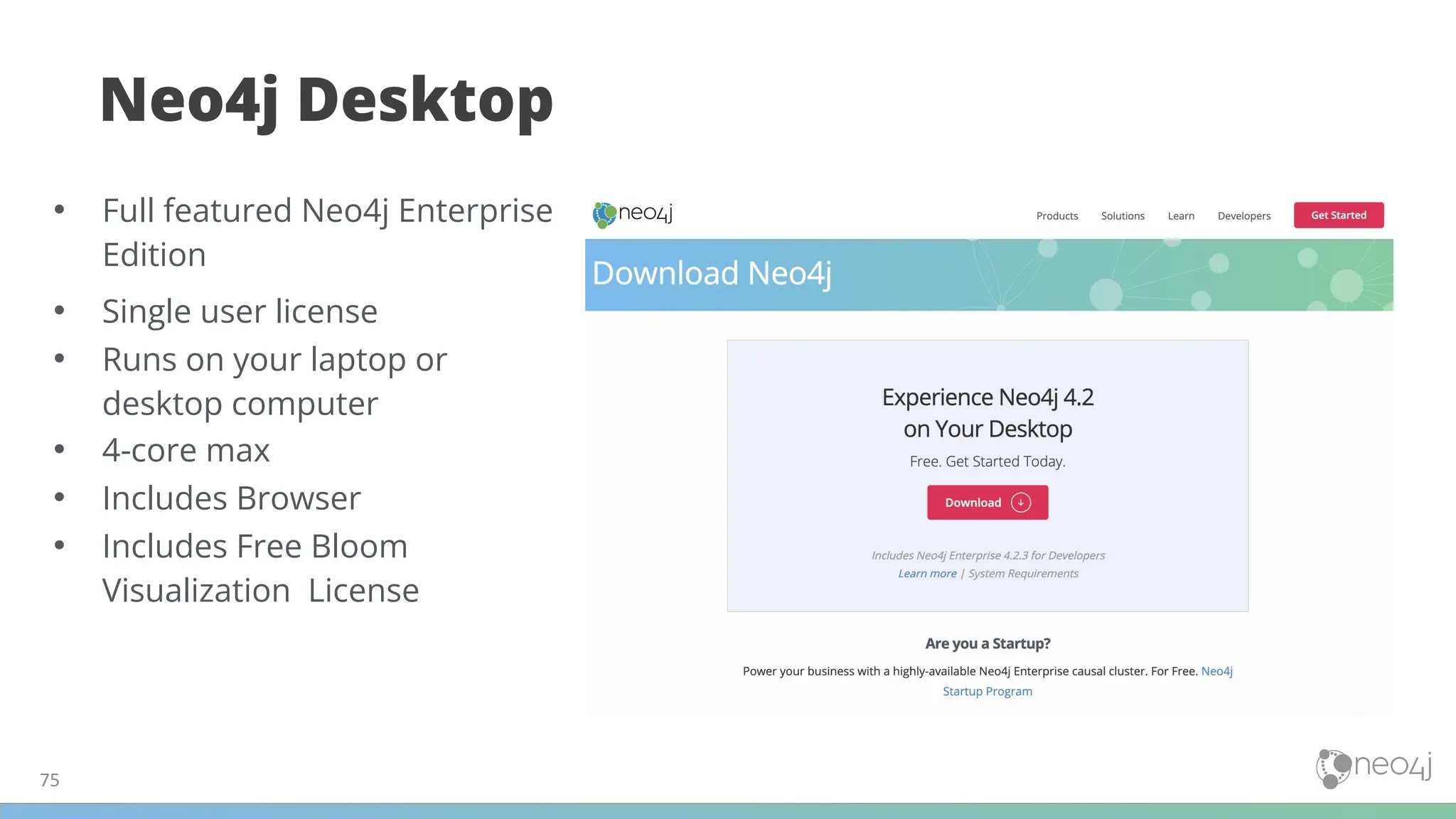 Neo4j Desktop
75
• Full featured Neo4j Enterprise
Edition
• Single user license
• Runs on your laptop or
desktop computer
• 4-core max
• Includes Browser
• Includes Free Bloom
Visualization License
 