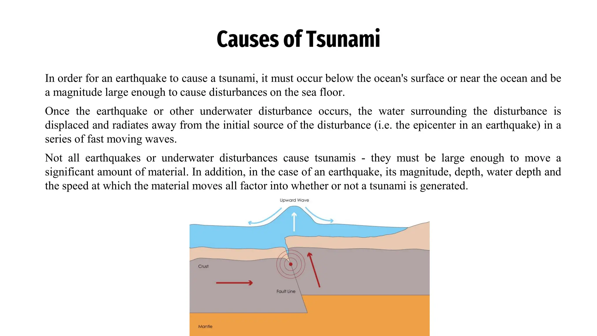 Causes of Tsunami
In order for an earthquake to cause a tsunami, it must occur below the ocean's surface or near the ocean and be
a magnitude large enough to cause disturbances on the sea floor.
Once the earthquake or other underwater disturbance occurs, the water surrounding the disturbance is
displaced and radiates away from the initial source of the disturbance (i.e. the epicenter in an earthquake) in a
series of fast moving waves.
Not all earthquakes or underwater disturbances cause tsunamis - they must be large enough to move a
significant amount of material. In addition, in the case of an earthquake, its magnitude, depth, water depth and
the speed at which the material moves all factor into whether or not a tsunami is generated.
 