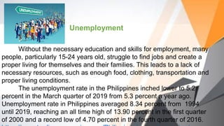 Unemployment
Without the necessary education and skills for employment, many
people, particularly 15-24 years old, struggle to find jobs and create a
proper living for themselves and their families. This leads to a lack of
necessary resources, such as enough food, clothing, transportation and
proper living conditions.
The unemployment rate in the Philippines inched lower to 5.2
percent in the March quarter of 2019 from 5.3 percent a year ago.
Unemployment rate in Philippines averaged 8.34 percent from 1994
until 2019, reaching an all time high of 13.90 percent in the first quarter
of 2000 and a record low of 4.70 percent in the fourth quarter of 2016.
 