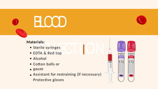 BLOOD
COLLECTIION
Materials:
Sterile syringes
EDTA & Red top
Alcohol
Cotton balls or
gauze
Assistant for restraining (if necessary)
Protective gloves
 