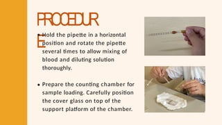 PROCEDUR
E
Hold the pipette in a horizontal
position and rotate the pipette
several times to allow mixing of
blood and diluting solution
thoroughly.
Prepare the counting chamber for
sample loading. Carefully position
the cover glass on top of the
support platform of the chamber.
 