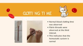 C
L
O
T
TIING TIIME
RESUL
T Normal blood clotting time
was observed
Fibrin threads were
observed at the third
interval.
This indicates that the
hemostatic system is
normal
 