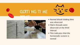 C
L
OT
TIING TIIME
RESUL
T Normal blood clotting time
was observed
Fibrin threads were
observed at the third
interval.
This indicates that the
hemostatic system is
normal
 