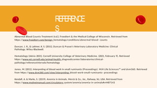 REFERENCE
S
Abnormal Blood Counts Treatment (n.d.). Froedtert & the Medical College of Wisconsin. Retrieved from
https://www.froedtert.com/benign- hematology/conditions/abnormal-blood- counts
Duncan, J. R., & Latimer, K. S. (2011). Duncan & Prasse's Veterinary Laboratory Medicine: Clinical
Pathology. Wiley-Blackwell.
Hematology (Advia 2021). Cornell University College of Veterinary Medicine. (2021, February 9). Retrieved
https://www.vet.cornell.edu/animal-health- diagnosticcenter/laboratories/clinical-
pathology/referenceintervals/hematology
Jones, M. (2011). Interpreting of blood work in small ruminants (Proceedings). MJH Life Sciences™ and dvm360. Retrieved
from https://www.dvm360.com/view/interpreting- blood-work-small-ruminants- proceedings
Kendall, A. & Marks, S. (2019). Anemia in Animals. Merck & Co., Inc., Rahway, NJ, USA. Retrieved from
https://www.msdvetmanual.com/circulatory- system/anemia/anemia-in-animals#v4487143
 