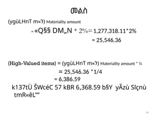 14
መልስ
(ygùLHnT m«ን) Materiality amount
= «Q§§ DM„N * 2%=1,277,318.11*2%
= 25,546.36
(High-Valued items) = (ygùLHnT m«ን) Materiality amount * ¼
= 25,546.36 *1/4
= 6,386.59
k137tÜ ŠWcéC 57 kBR 6,368.59 b§Y yÃzù Slçnù
tmR«êL””
 