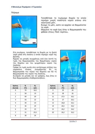 Η Φυσική με Πειράματα Α΄Γυμνασίου
Σελίδα 3
Χρόνος
(λεπτά)
θ1
(ο
C)
Θ2
(οC)
0 70 18,5
1 58 19
2 49 20
3 43 22
4 39 23
5 36 24
6 33 25
7 31 25,5
8 30 26
Χρόνος
(λεπτά)
θ1
(ο
C)
Θ2
(οC)
9 29 26
10 28 26
11 27,5 26,1
12 27 26,1
13 26,8 26,1
14 26,5 26,2
15 26,2 26,2
20 26,2 26,2
Πείραμα
Τοποθέτησε το πυρίμαχο δοχείο το οποίο
περιέχει μικρή ποσότητα νερού επάνω στο
ηλεκτρικό μάτι.
Άναψε το μάτι, ώστε να αρχίσει να θερμαίνεται
το νερό.
Θέρμανε το νερό έως ότου η θερμοκρασία του
φθάσει στους 70οC περίπου.
Στη συνέχεια, τοποθέτησε το δοχείο με το ζεστό
νερό μέσα στη λεκάνη η οποία περιέχει νερό της
βρύσης.
Άρχισε να μετράς συγχρόνως ανά ένα λεπτό τις
τιμές της θερμοκρασίας του θερμότερου νερού
του δοχείου και του ψυχρότερου νερού της
λεκάνης.
Γράφε τις τιμές αυτές στις αντίστοιχες στήλες του
παρακάτω πίνακα, ονομάζοντας θ1 τη
θερμοκρασία του νερού του δοχείου και θ2 τη
θερμοκρασία του νερού της λεκάνης.
Συνέχισε να μετράς και να γράφεις, έως ότου οι
δυο θερμοκρασίες σταθεροποιηθούν.
 