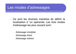 Les modes d’adressages
• Ce sont les diverses manières de définir la
localisation d ’un opérande. Les trois modes
d’adressage les plus courant sont :
• Adressage immédiat
• Adressage direct
• Adressage indirect
 