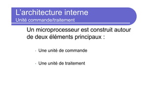 L’architecture interne
Unité commande/traitement
Un microprocesseur est construit autour
de deux éléments principaux :
• Une unité de commande
• Une unité de traitement
 