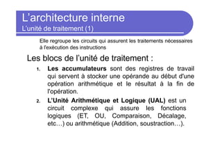 L’architecture interne
L’unité de traitement (1)
Elle regroupe les circuits qui assurent les traitements nécessaires
à l'exécution des instructions
Les blocs de l’unité de traitement :
1. Les accumulateurs sont des registres de travail
qui servent à stocker une opérande au début d'une
opération arithmétique et le résultat à la fin de
l'opération.
2. L’Unité Arithmétique et Logique (UAL) est un
circuit complexe qui assure les fonctions
logiques (ET, OU, Comparaison, Décalage,
etc…) ou arithmétique (Addition, soustraction…).
 