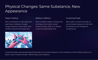 Physical Changes: Same Substance, New
Appearance
Paper Folding
When we fold paper to create objects like
paper boats or airplanes, the paper
changes shape but remains paper. When
unfolded, we get the same paper back.
Balloon Inflation
When we inflate a balloon, it changes size
and shape, but the rubber material
remains the same. When air is released,
we get the original balloon back.
Crushing Chalk
When chalk is crushed into powder, its
size and shape change, but it's still chalk -
the substance hasn't changed into
something new.
In physical changes, only physical properties like shape, size, and state change, but no new substance is formed. Water existing as ice,
liquid, or vapor is another example - different states, same substance.
 