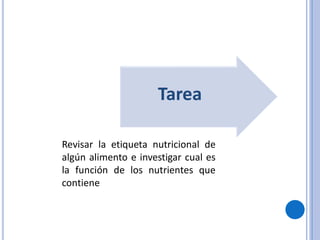 Tarea
Revisar la etiqueta nutricional de
algún alimento e investigar cual es
la función de los nutrientes que
contiene
 