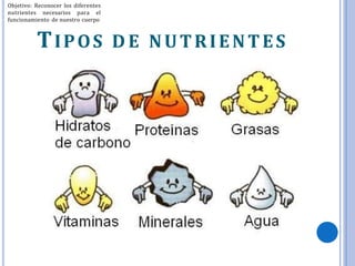 Objetivo: Reconocer los diferentes
nutrientes necesarios para el
funcionamiento de nuestro cuerpo
TIPOS D E NUTRIENTES
 