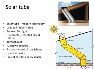Solar tube
• Solar tube – modern technology
• used to lit room inside
• Source - Sun light
• By collector, reflected pipe &
diffuser
• Through roof
• As shown in figure
• Passive method of day lighting
• by active device
• Free of cost for energy source
11
 