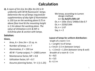 Calculation
Q. A room of 5m (L)x 3m (B)x 3m (H) is lit
uniformly with 40 W fluorescent lamps.
Determine the no of lamps required for
supplementary of day light if Illumination
is 150 Lux on the working plane 0.75 m
above floor level & the mounting height
is 1.5m above the working plane. The
value of Utilization is 0.5 & MF is
0.8.Draw plan & section with lamps.
Solution:
Given,
• Area, A = 5mx 3m = 15 sq. m.
• Number of lamps, n = ?
• Illumination, E = 150 Lux
• 40 W F Lamp output, F = 2400 Lumen
• Maintenance factor, MF = 0.8
• Utilization factor, UF = 0.7
• Assume planning factor, V= 1 (1-1.25)
We know, according to Lumen
design method,
n = Ex AxV/Fx MFx UF
Or, n = 150x 15x1/ 2400x 0.8x 0.7
Or, n = 2250/1344
Or, n = 1.67
Say, n = 2
Layout of lamps for uniform distribution:
length of a room= 5 m
L1 = Length/ no of lamps
L1= 5m/2= 2.5 m (between lamps)
L2 = 2.5m/2 = 1.25m (between lamp & wall)
Breadth of a room B = 3 m
B1 = B/2
B1 = 3/2
B1 =1.5 m
5
 