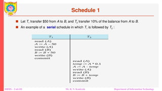 DBMS – Unit-III Mr. R. N. Kankrale Department of Information Technology
Schedule 1
 Let T1 transfer $50 from A to B, and T2 transfer 10% of the balance from A to B.
 An example of a serial schedule in which T1 is followed by T2 :
 