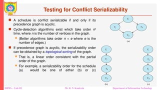 DBMS – Unit-III Mr. R. N. Kankrale Department of Information Technology
Testing for Conflict Serializability
 A schedule is conflict serializable if and only if its
precedence graph is acyclic.
 Cycle-detection algorithms exist which take order n2
time, where n is the number of vertices in the graph.
 (Better algorithms take order n + e where e is the
number of edges.)
 If precedence graph is acyclic, the serializability order
can be obtained by a topological sorting of the graph.
 That is, a linear order consistent with the partial
order of the graph.
 For example, a serializability order for the schedule
(a) would be one of either (b) or (c)
 