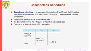 DBMS – Unit-III Mr. R. N. Kankrale Department of Information Technology
Cascadeless Schedules
 Cascadeless schedules — for each pair of transactions Ti and Tj such that Tj reads a
data item previously written by Ti, the commit operation of Ti appears before the read
operation of Tj.
 Every cascadeless schedule is also recoverable
 It is desirable to restrict the schedules to those that are cascadeless
 Example of a schedule that is NOT cascadeless
 