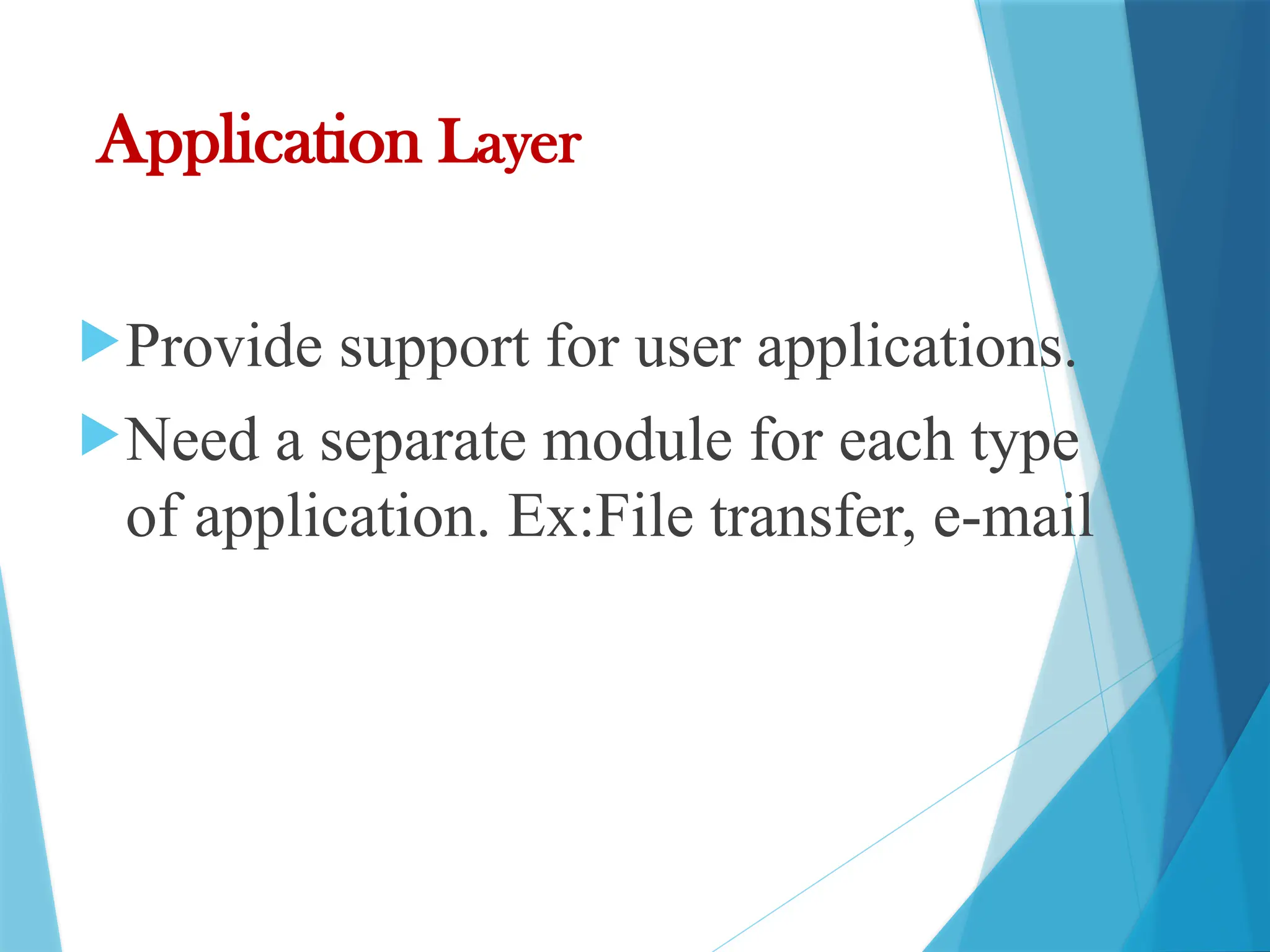 Application Layer
Provide support for user applications.
Need a separate module for each type
of application. Ex:File transfer, e-mail
 