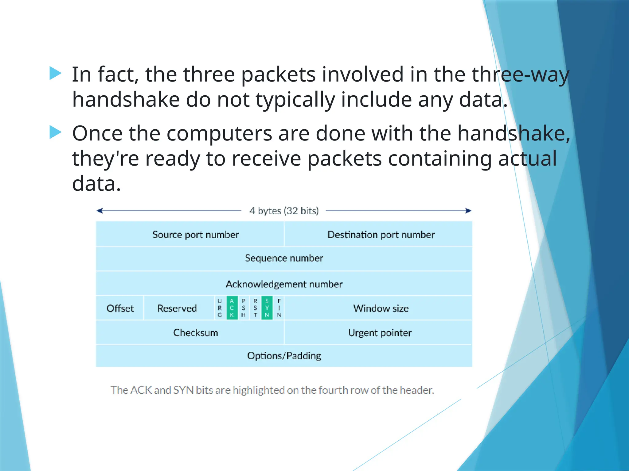  In fact, the three packets involved in the three-way
handshake do not typically include any data.
 Once the computers are done with the handshake,
they're ready to receive packets containing actual
data.
 