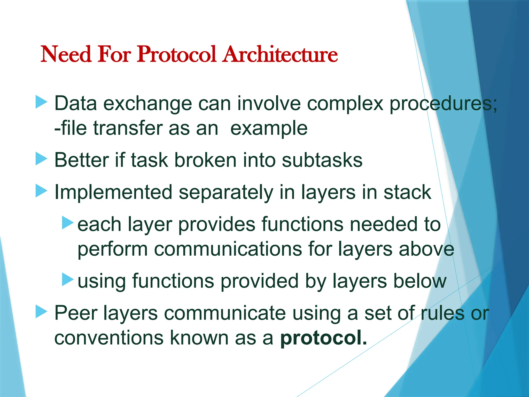 Need For Protocol Architecture
 Data exchange can involve complex procedures;
-file transfer as an example
 Better if task broken into subtasks
 Implemented separately in layers in stack
each layer provides functions needed to
perform communications for layers above
using functions provided by layers below
 Peer layers communicate using a set of rules or
conventions known as a protocol.
 