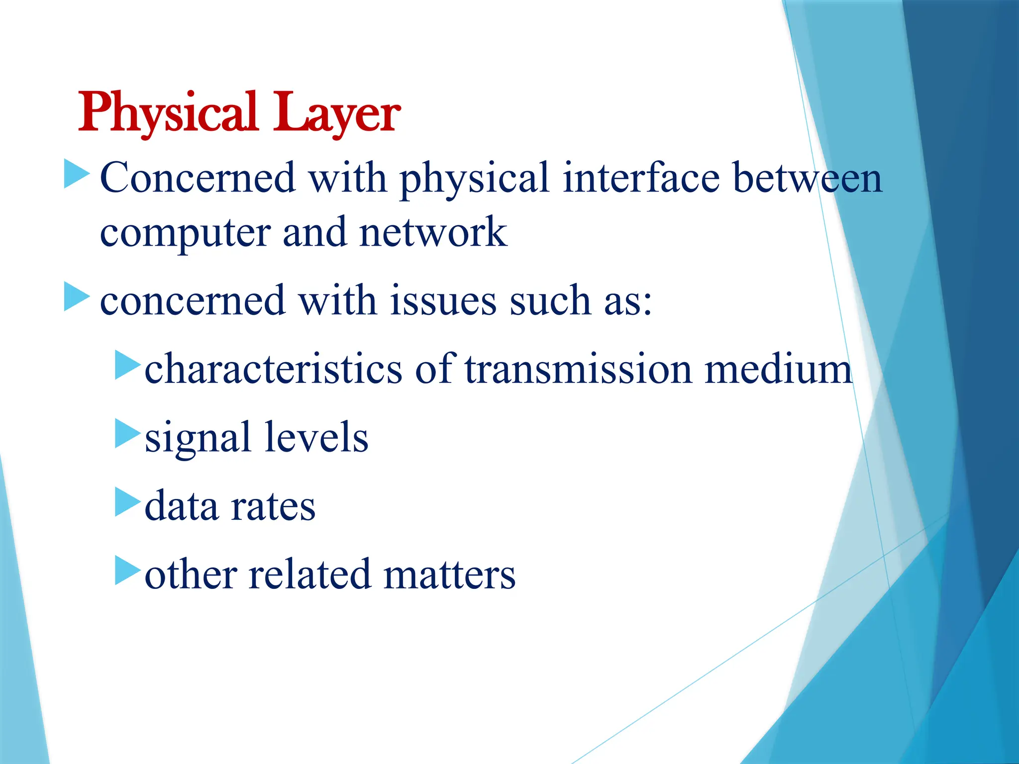 Physical Layer
 Concerned with physical interface between
computer and network
 concerned with issues such as:
characteristics of transmission medium
signal levels
data rates
other related matters
 