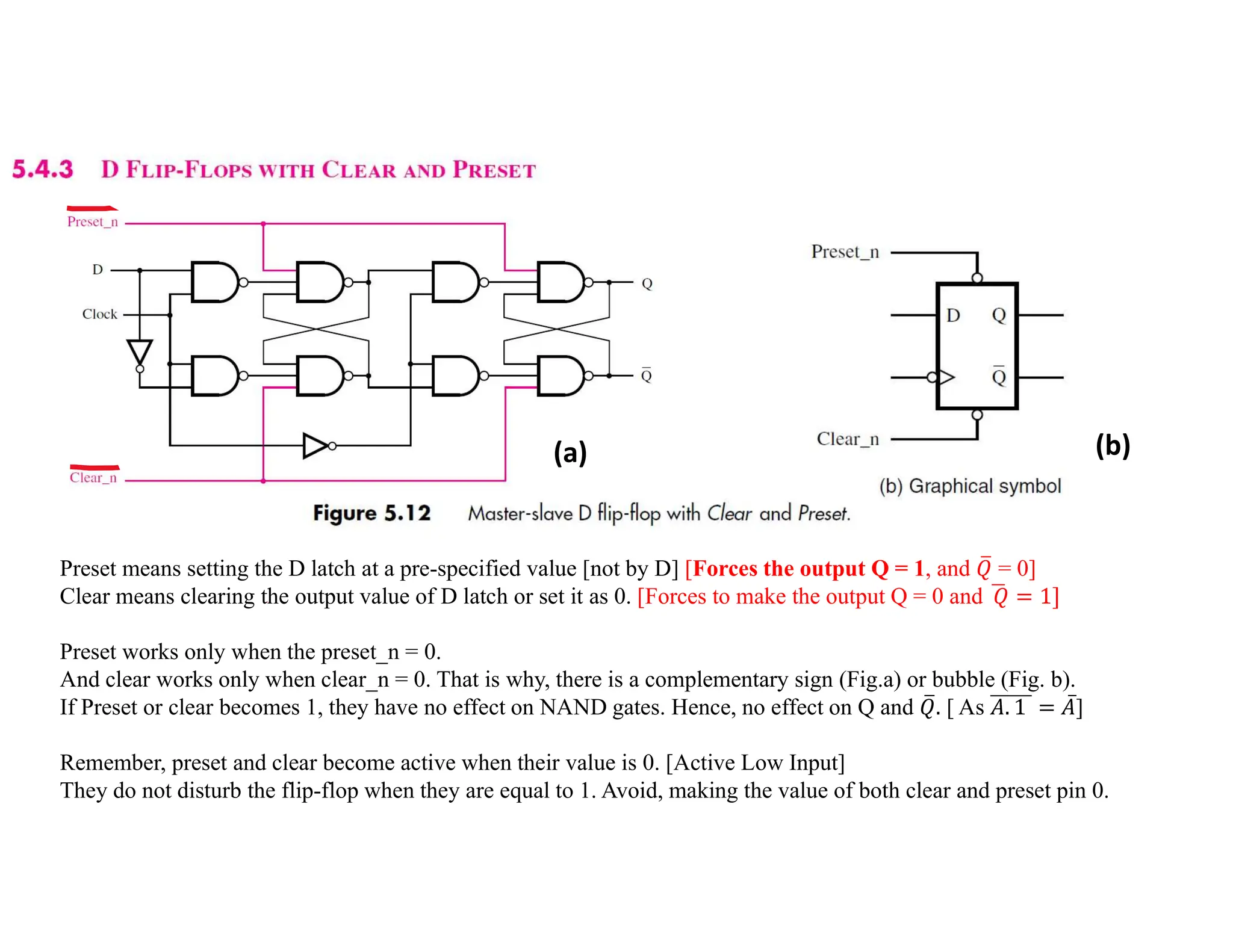 Preset means setting the D latch at a pre-specified value [not by D] [Forces the output Q = 1, and 𝑄 = 0]
Clear means clearing the output value of D latch or set it as 0. [Forces to make the output Q = 0 and 𝑄 = 1]
Preset works only when the preset_n = 0.
And clear works only when clear_n = 0. That is why, there is a complementary sign (Fig.a) or bubble (Fig. b).
If Preset or clear becomes 1, they have no effect on NAND gates. Hence, no effect on Q and 𝑄. [ As 𝐴. 1 = 𝐴̅]
Remember, preset and clear become active when their value is 0. [Active Low Input]
They do not disturb the flip-flop when they are equal to 1. Avoid, making the value of both clear and preset pin 0.
(a) (b)
 