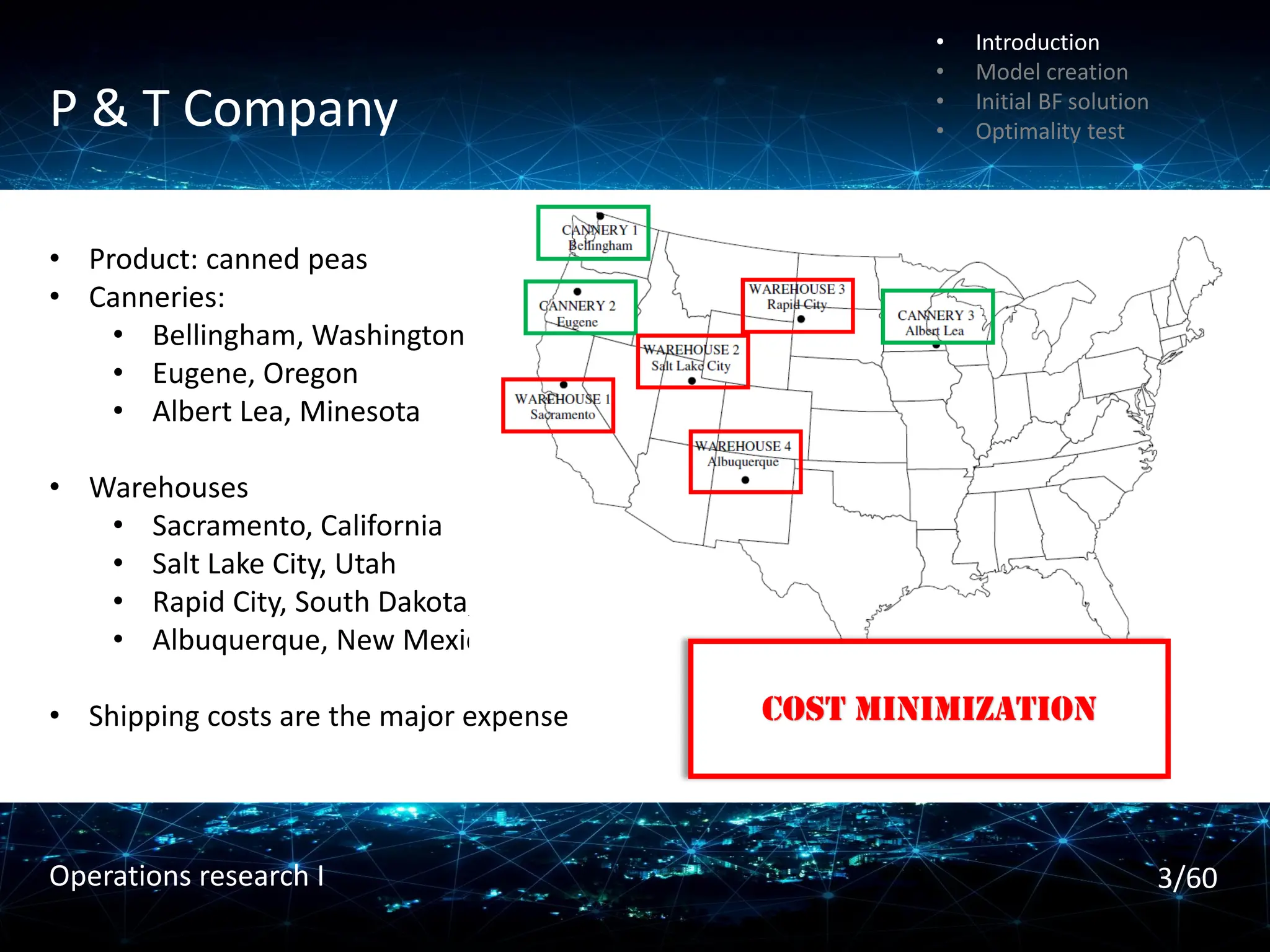 P & T Company
• Product: canned peas
• Canneries:
• Bellingham, Washington
• Eugene, Oregon
• Albert Lea, Minesota
• Warehouses
• Sacramento, California
• Salt Lake City, Utah
• Rapid City, South Dakota,
• Albuquerque, New Mexico
• Shipping costs are the major expense COST MINIMIZATION
• Introduction
• Model creation
• Initial BF solution
• Optimality test
3/60
Operations research I
 