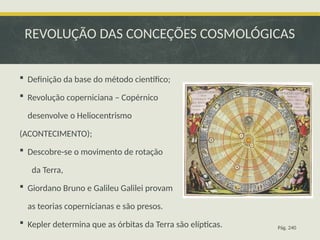REVOLUÇÃO DAS CONCEÇÕES COSMOLÓGICAS
 Definição da base do método científico;
 Revolução coperniciana – Copérnico
desenvolve o Heliocentrismo
(ACONTECIMENTO);
 Descobre-se o movimento de rotação
da Terra,
 Giordano Bruno e Galileu Galilei provam
as teorias copernicianas e são presos.
 Kepler determina que as órbitas da Terra são elípticas. Pág. 240
 