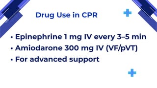 Drug Use in CPR
• Epinephrine 1 mg IV every 3–5 min
• Amiodarone 300 mg IV (VF/pVT)
• For advanced support
 