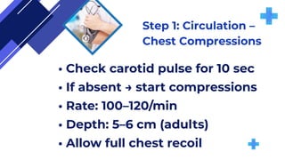 Step 1: Circulation –
Chest Compressions
• Check carotid pulse for 10 sec
• If absent → start compressions
• Rate: 100–120/min
• Depth: 5–6 cm (adults)
• Allow full chest recoil
 