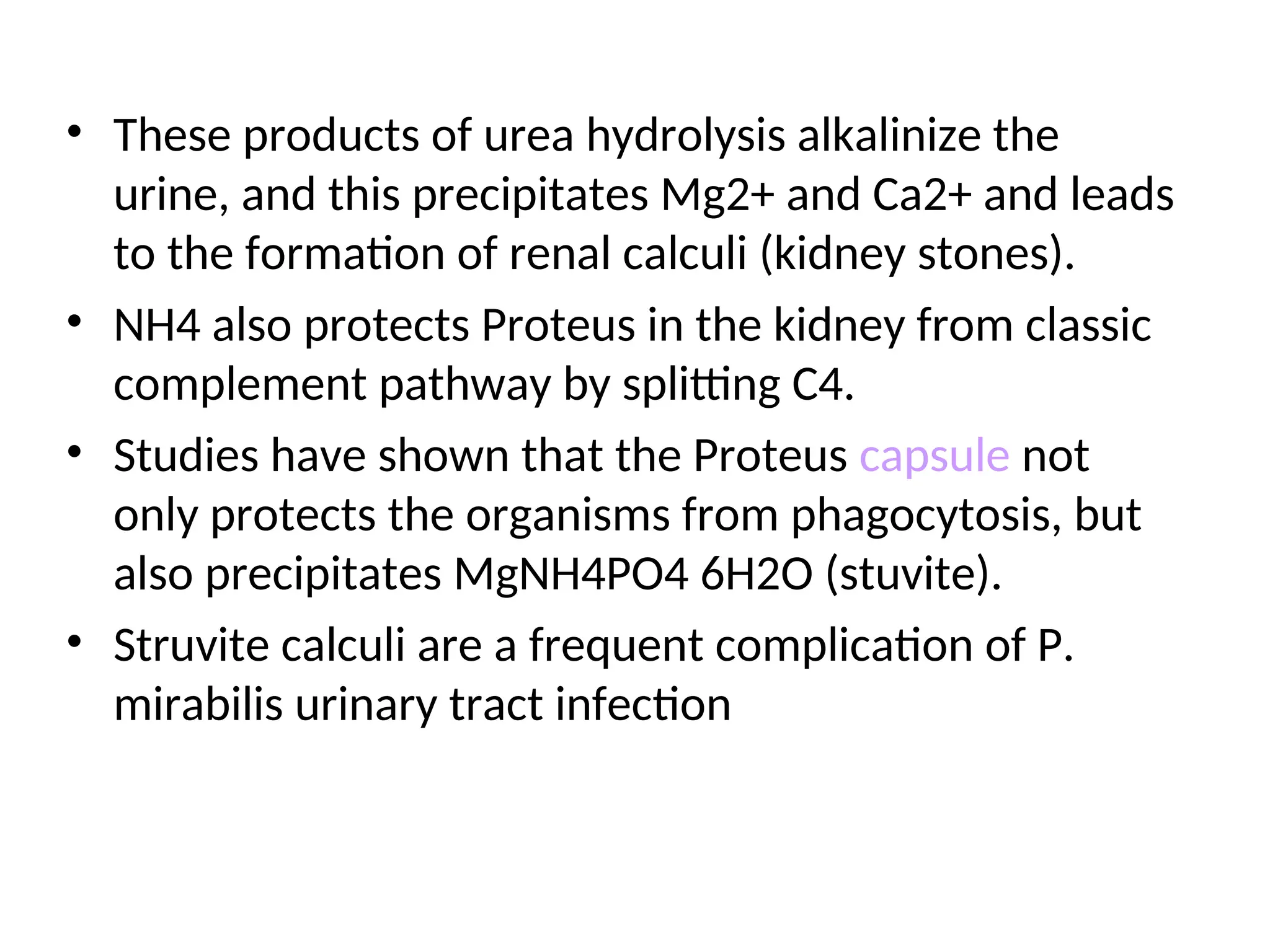 • These products of urea hydrolysis alkalinize the
urine, and this precipitates Mg2+ and Ca2+ and leads
to the formation of renal calculi (kidney stones).
• NH4 also protects Proteus in the kidney from classic
complement pathway by splitting C4.
• Studies have shown that the Proteus capsule not
only protects the organisms from phagocytosis, but
also precipitates MgNH4PO4 6H2O (stuvite).
• Struvite calculi are a frequent complication of P.
mirabilis urinary tract infection
 