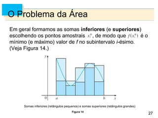 27
27
O Problema da Área
Em geral formamos as somas inferiores (e superiores)
escolhendo os pontos amostrais , de modo que é o
mínimo (e máximo) valor de f no subintervalo i-ésimo.
(Veja Figura 14.)
Somas inferiores (retângulos pequenos) e somas superiores (retângulos grandes)
Figura 14
 