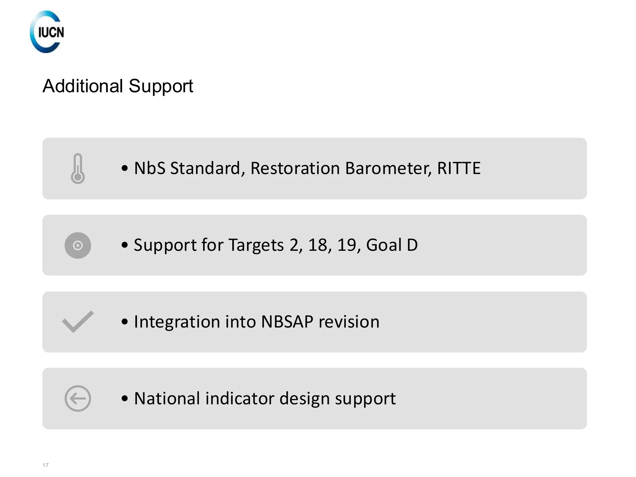 17
Additional Support
• NbS Standard, Restoration Barometer, RITTE
• Support for Targets 2, 18, 19, Goal D
• Integration into NBSAP revision
• National indicator design support
 