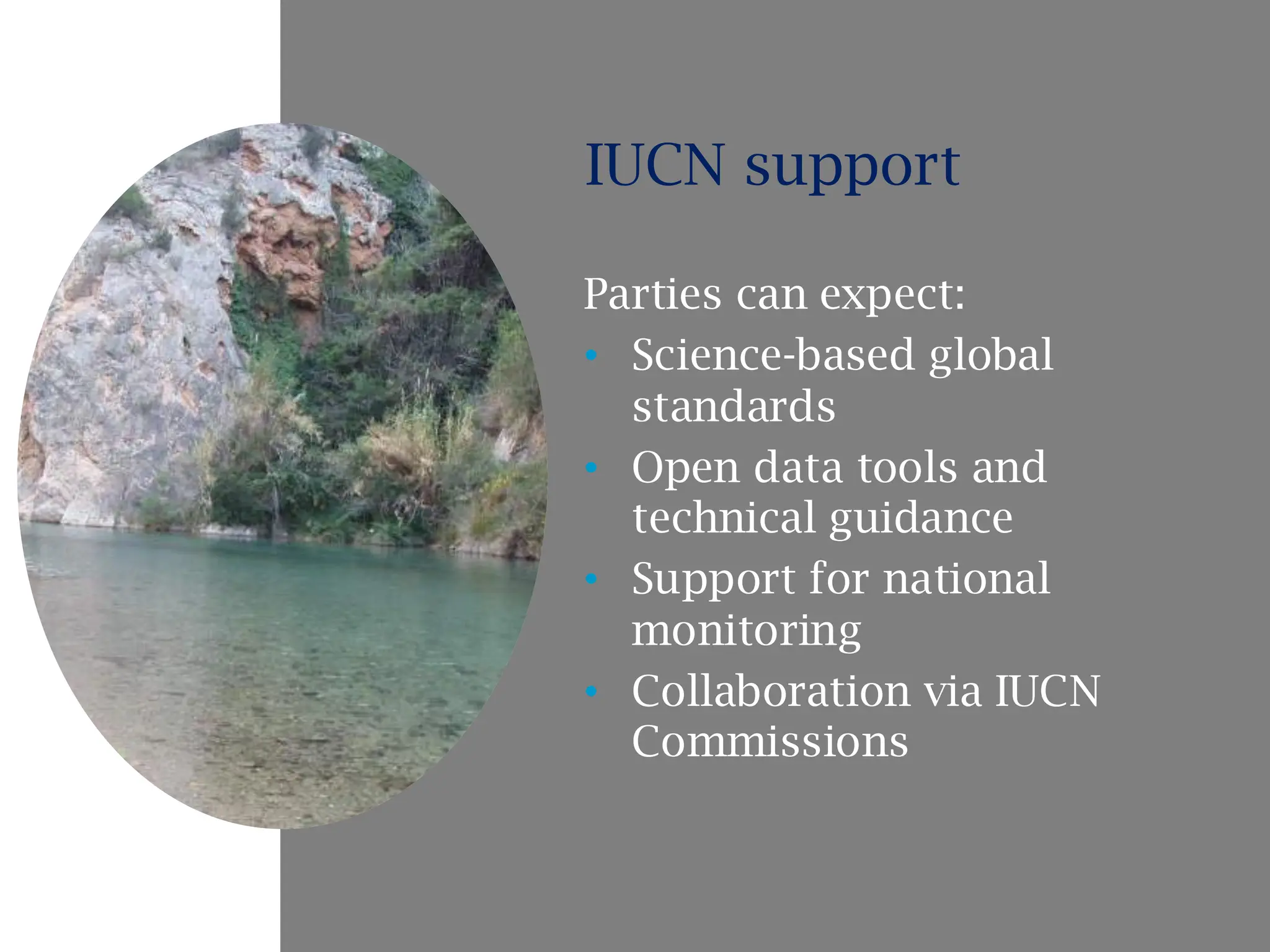 Parties can expect:
• Science-based global
standards
• Open data tools and
technical guidance
• Support for national
monitoring
• Collaboration via IUCN
Commissions
IUCN support
 