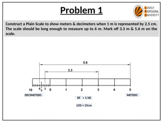 Problem 1
0 1 2 3 4 5
METERS
10
DECIMETERS
RF = 1/40
LOS = 15cm
5
3
3.3
5.6
6
Construct a Plain Scale to show meters & decimeters when 1 m is represented by 2.5 cm.
The scale should be long enough to measure up to 6 m. Mark off 3.3 m & 5.6 m on the
scale.
 